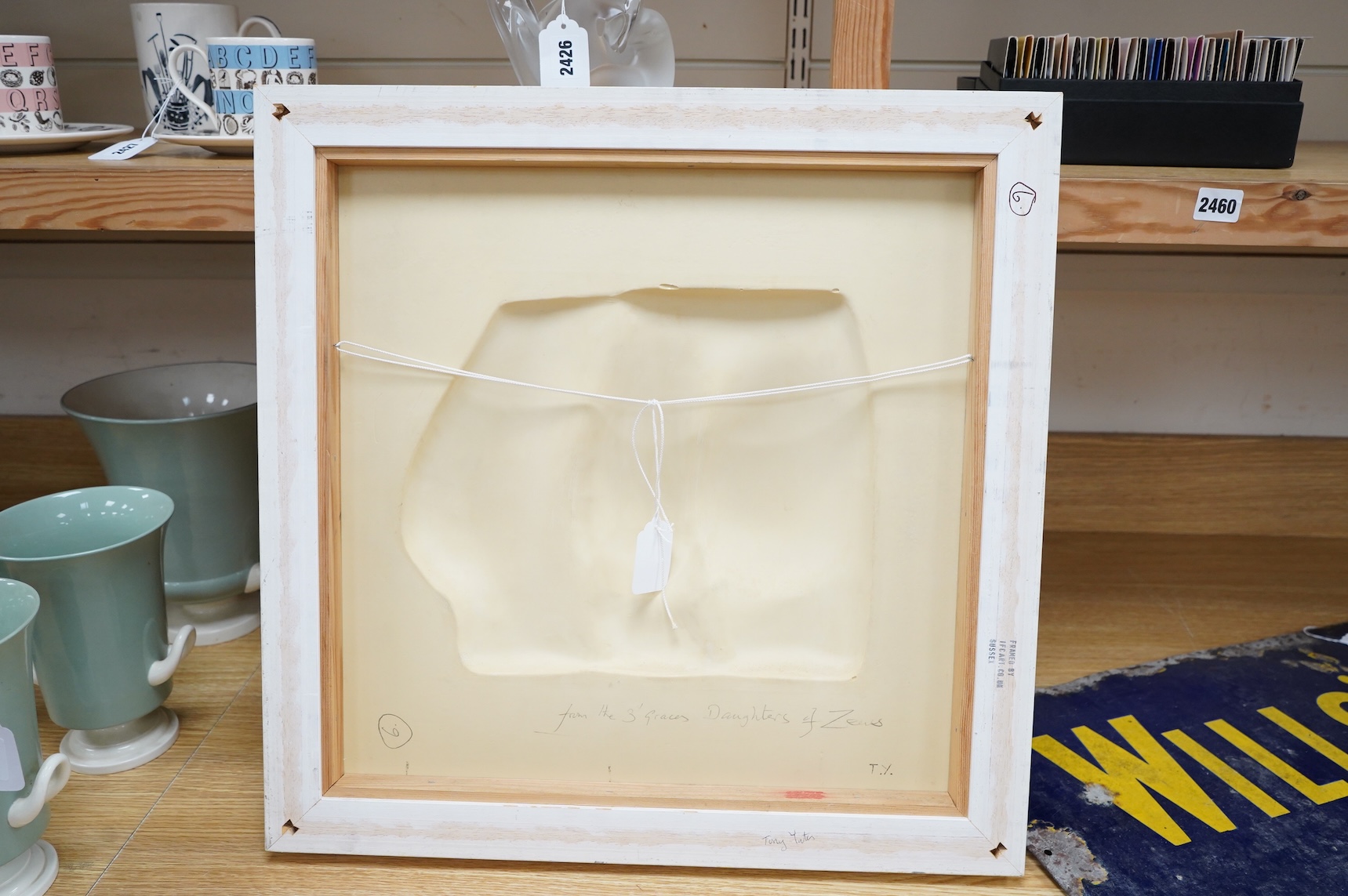 Tony Yates,’From the Three Graces, Daughters of Zeus’, sculpture, framed, inscribed and initialled verso, overall 53 x 53cm